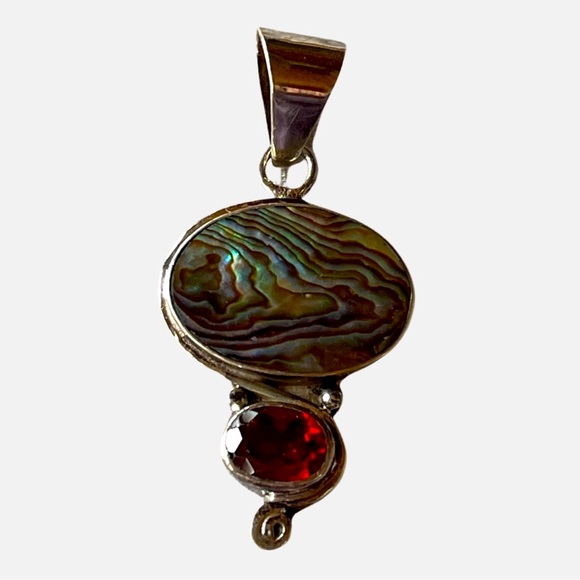 Sterling Silver Abalone w Garnet Pendant is New Old Stock with Heavier Sterling. - Picture 4 of 8